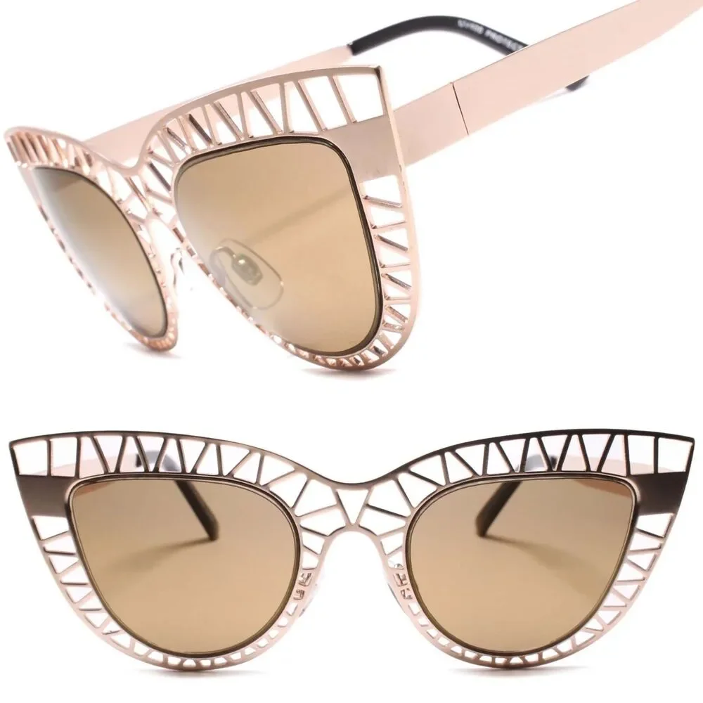 Rose Gold Metal Cat Eye Sunglasses Gold Mirrored Lens